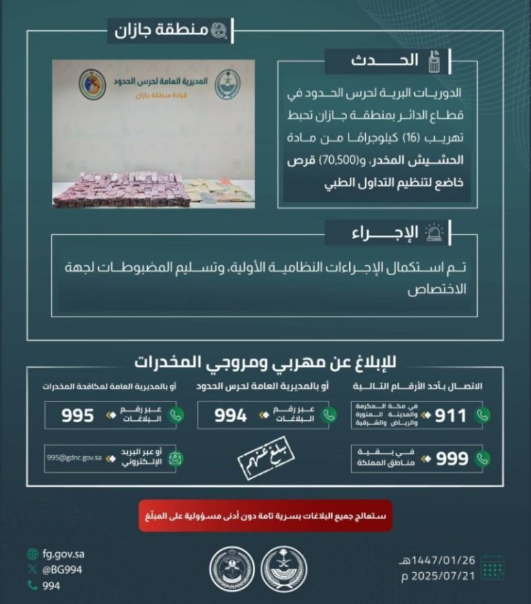 إحباط تهريب حشيش و70,500 قرص طبي بجازان