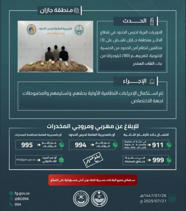 إحباط تهريب كبير: القبض على ثلاثة مخالفين في جازان بحوزتهم 180 كيلوجرامًا من القات المخدر