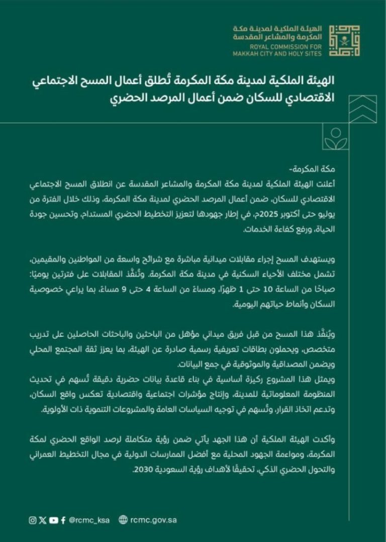 إطلاق أعمال المسح الاجتماعي الاقتصادي للسكان في مكة المكرمة