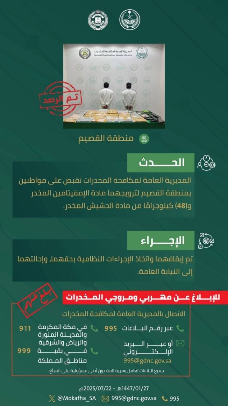 إلقاء القبض على شخصين في القصيم بتهمة ترويج الحشيش والإمفيتامين