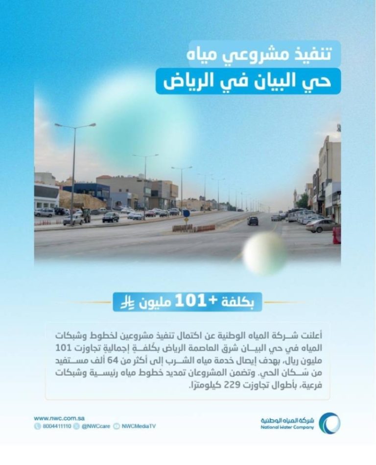 “إنجاز جديد” للمياه الوطنية: اكتمال خطوط وشبكات مياه بحي البيان في الرياض بتكلفة تتجاوز 101 مليون ريال
