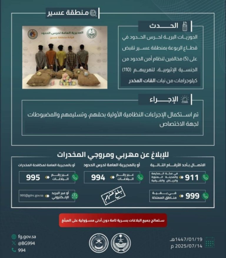 تحقيقات حرس الحدود بعسير تكشف عن 5 متهمين بتهريب 110 كلجم من القات المخدر