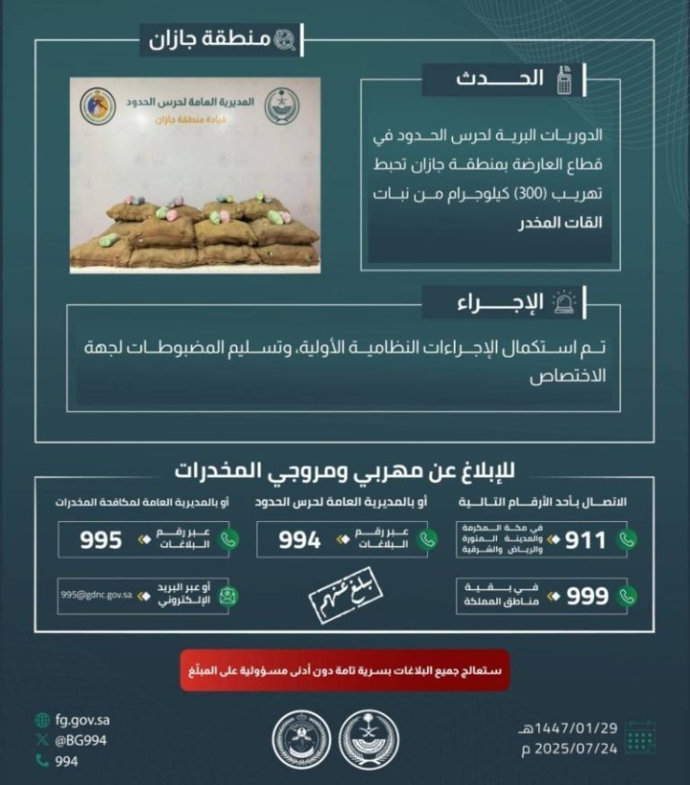 حرس الحدود بجازان ينجح في إحباط تهريب 300 كيلوجرام من نبات القات المخدر