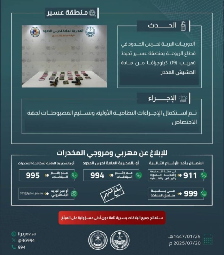 قبض حرس الحدود بعسير على 4 مخالفين لتهريب 140 كيلوجرامًا من القات المخدر