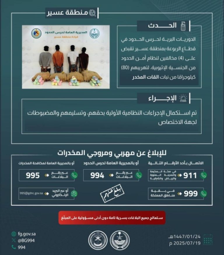 قبض حرس الحدود بعسير على أربعة مخالفين بحوزتهم ثمانين كيلوغرامًا من القات المخدر
