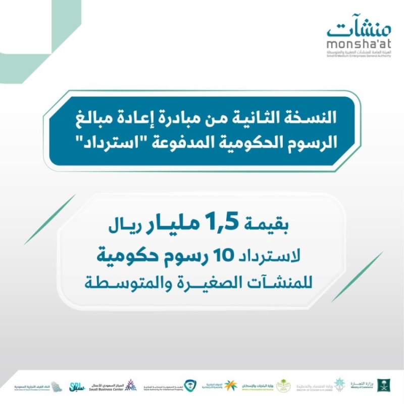 "منشآت" تطلق النسخة الثانية من مبادرة "استرداد" لدعم المنشآت الناشئة عبر استرداد الرسوم الحكومية.