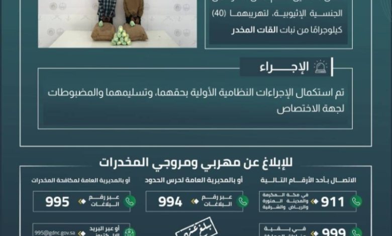 أمن الحدود بعسير ينجح في القبض على مهربين لنبات القات 40 كيلوجراماً