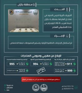 إحباط تهريب 46.4 كلجم من الحشيش بجازان بواسطة حرس الحدود