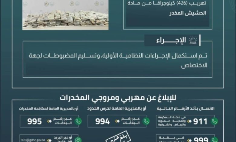 إحباط تهريب الحشيش في نجران بـ426 كيلوجرامًا من قبل حرس الحدود