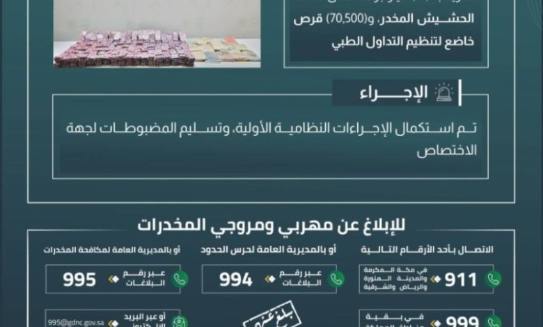 إحباط تهريب حشيش و70,500 قرص طبي بجازان
