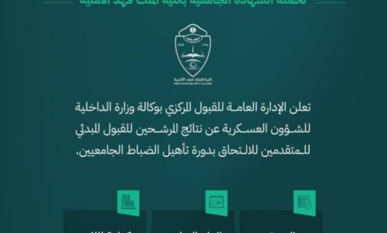 إعلان نتائج المقبولين في دورة تأهيل الضباط الجامعيين بـ"فهد الأمنية"