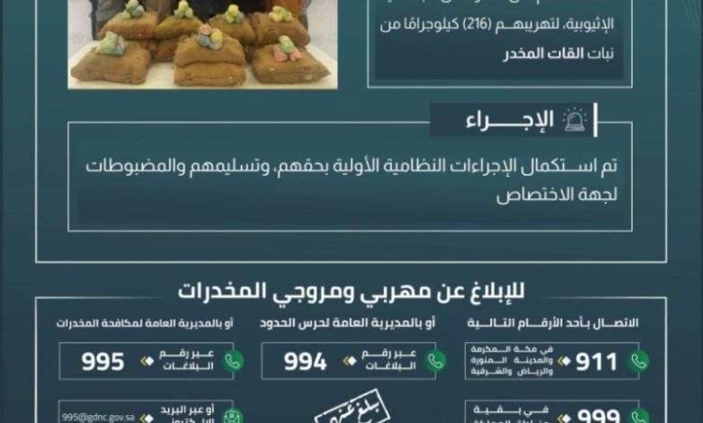 إلقاء القبض على 12 مخالفًا في عسير بسبب تهريب 216 كيلوجرامًا من القات المخدر