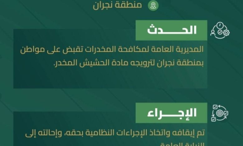إلقاء القبض في نجران على مروج حشيش مخدر