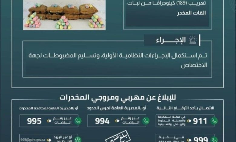 احباط محاولة تهريب 189 كيلوجرامًا من نبات القات في عسير