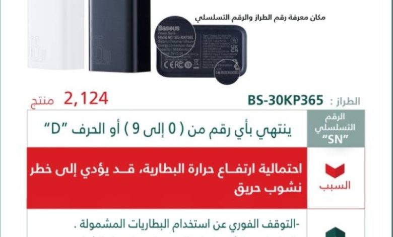 استدعاء 1224 شاحنًا متنقلًا من "بايزوس" بسبب احتمال ارتفاع حرارة البطارية.