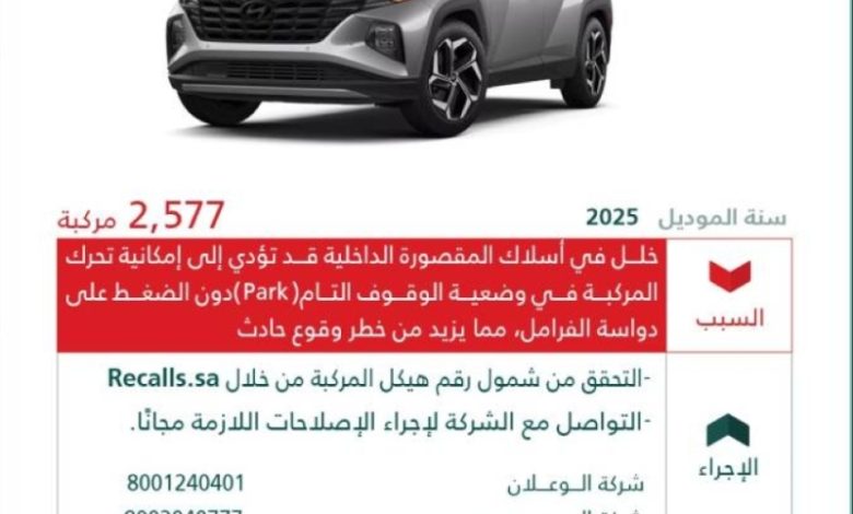 استدعاء 2,577 مركبة هيونداي توسان من قبل وزارة التجارة لأسباب تتعلق بالسلامة.