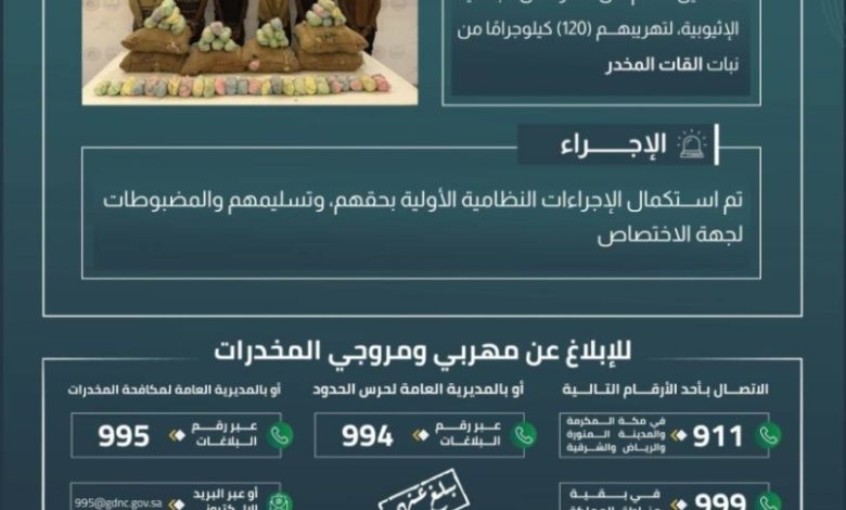 اعتقال ستة مخالفين بتهريب 120 كيلوجرامًا من القات بعسير