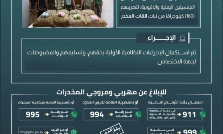 القبض على 8 مخالفين في جازان لتهريب 160 كيلوجرامًا من القات المخدر