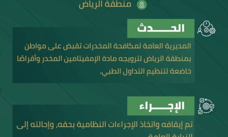 القبض على مروج مخدرات بالرياض بتهمة ترويج الإمفيتامين والأقراص الطبية