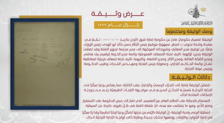 "توثيق ملكي" يكشف وثيقة تاريخية حول استجابة حكومة إمارة شرق الأردن لزلزال نابلس 1927
