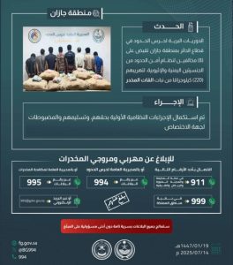 حرس الحدود بجازان يعتقل 8 مخالفين لتهريب 220 كيلوجرامًا من القات المخدر