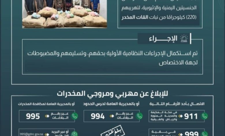 حرس الحدود بجازان يعتقل 8 مخالفين لتهريب 220 كيلوجرامًا من القات المخدر