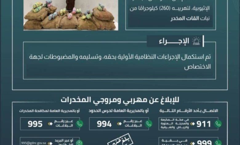 حرس الحدود بجازان يعتقل مهربًا يحمل 260 كيلوجرامًا من نبات القات المخدر