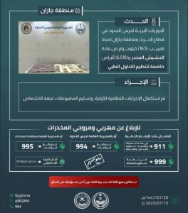حرس الحدود بجازان ينجح في إحباط تهريب 16.5 كيلوغرام من الحشيش و6,510 أقراص مخدرة
