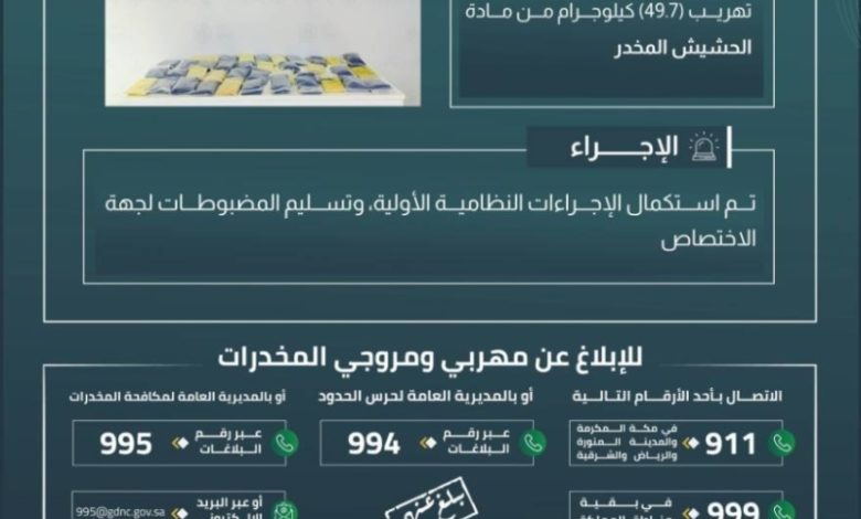 حرس الحدود بجازان ينجح في إحباط تهريب 49.7 كيلوجرام من الحشيش المخدر