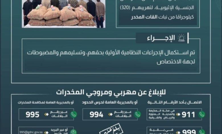 حرس الحدود بجازان يُلقي القبض على 9 مهربين بحوزتهم 320 كيلوجرامًا من نبات القات المخدر  
اعتقال 9 مخالفين لنظام الحدود في جازان مع 320 كيلوجرامًا من القات المخدر  
القبض على 9 أفراد بتهمة تهريب 320 كيلوجرامًا من نبات القات في جازان  
جازان: حرس الحدود يوقف 9 مهربين ويضبط 320 كيلوجرامًا من القات المخدر