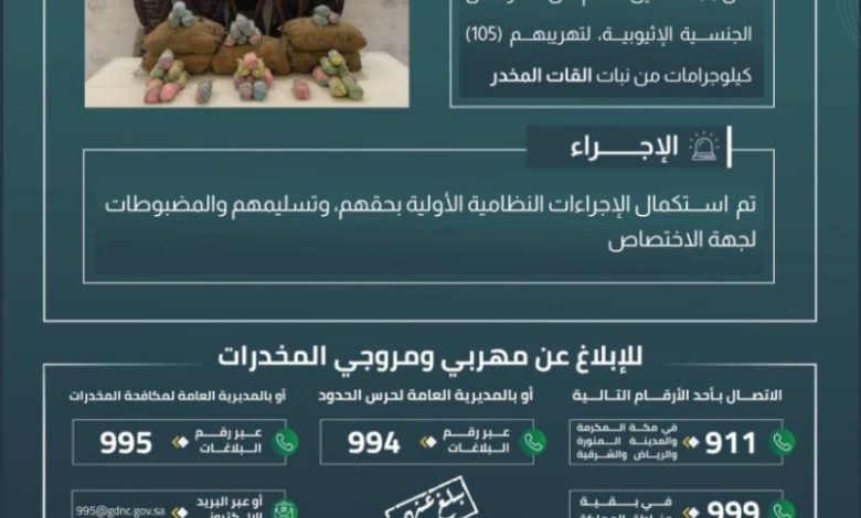 حرس الحدود بعسير يعتقل 5 مخالفين لنظام أمن الحدود بحوزتهم (105) كلجم من نبات القات المخدر