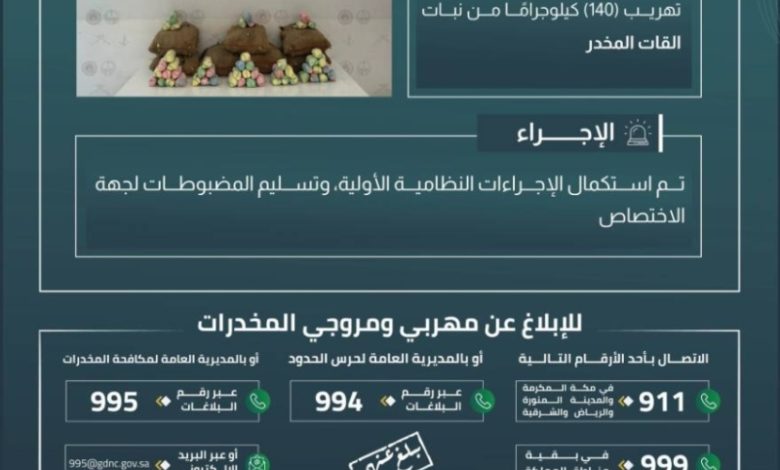 حرس الحدود بعسير ينجح في إحباط تهريب 140 كيلوجرامًا من نبتة القات المخدر