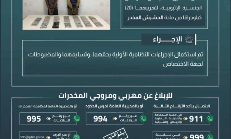 حرس الحدود بعسير ينجح في القبض على مهربين لنظام الأمن بعد تهريب 20 كيلوجرامًا من الحشيش المخدر