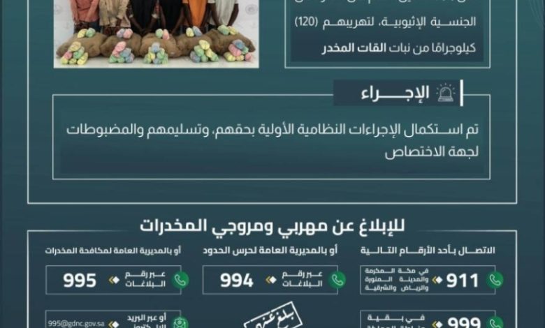 حرس الحدود في عسير يعتقل 6 مهربين خلال تصديهم لتهريب 120 كيلوغرامًا من نبات القات المخدر