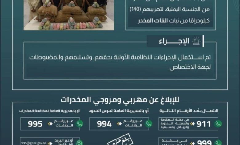 حرس الحدود في عسير يعتقل 7 مخالفين لتهريب 140 كيلوغراماً من القات المخدر