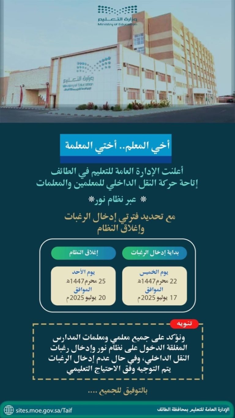 حركة نقل المعلمين: 4 أيام متبقية لتعليم الطائف