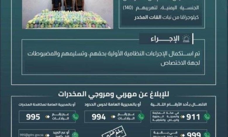 ضبط حرس الحدود بجازان ثلاثة مخالفين أثناء تهريب 140 كيلوجرامًا من القات المخدر