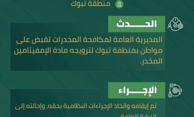 ضلوع مواطن في ترويج الإمفيتامين المخدر يسفر عن القبض عليه بتبوك