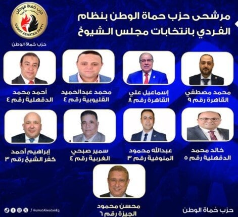 قائمة مرشحي «حماة الوطن» للكراسي الفردية في انتخابات الشيوخ 2025 بعد غلق باب الترشح