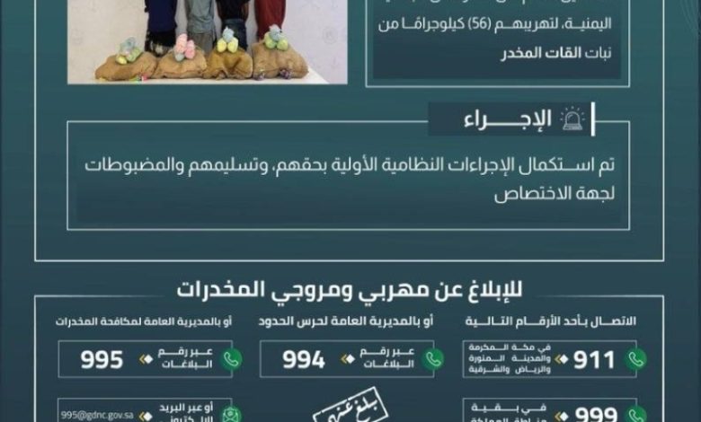 قبض حرس الحدود بجازان على 4 مخالفين بتهمة تهريب 56 كيلوجرامًا من نبات القات