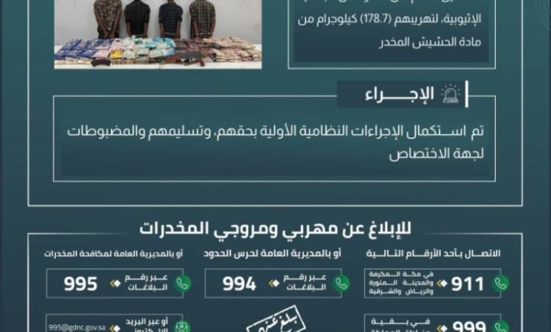 قبض حرس الحدود بجازان على 4 مخالفين لنظام الأمن بعد اكتشافهم يحاولون تهريب 178.7 كيلوجرامًا من الحشيش المخدر