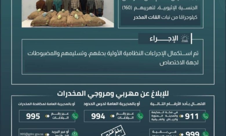قبض حرس الحدود بجازان على 8 مخالفين بسبب تهريب 160 كيلوجرامًا من نبات القات المخدر