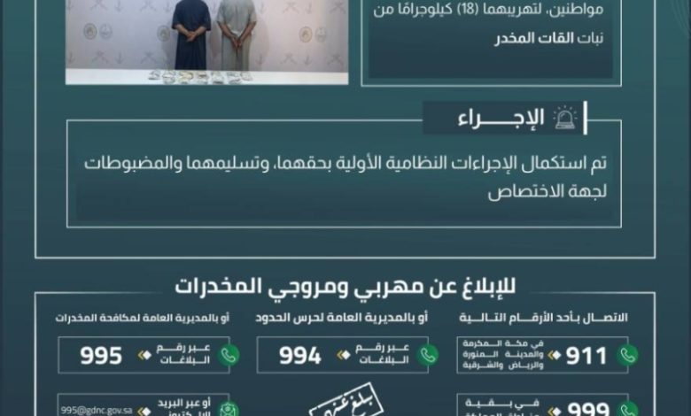 قبض حرس الحدود بنجران على شخصين لمحاولتهما تهريب 18 كيلوجرامًا من نبات القات