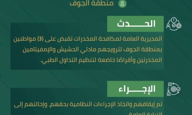 قبضة أمنية في الجوف تضبط ثلاثة مواطنين بتهمة ترويج المخدرات