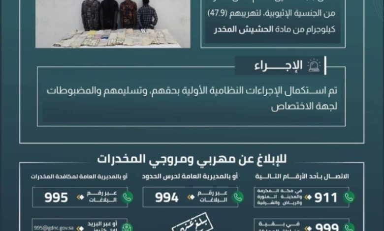 مخالفون يسقطون في جازان بعد تهريب 47.9 كيلوجرامًا من الحشيش