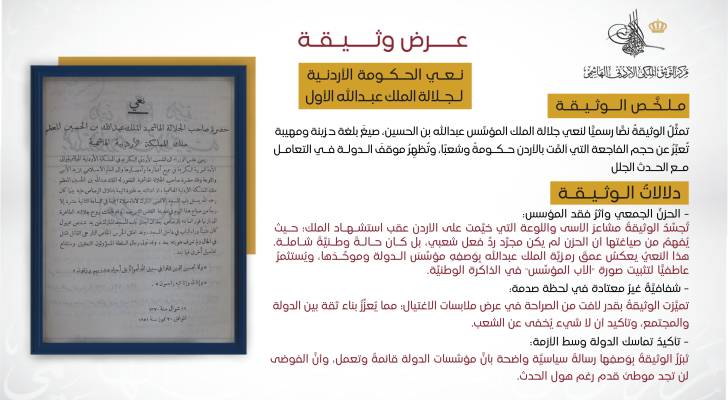مركز التوثيق الملكي يحتفي بذكرى استشهاد الملك المؤسس عبدالله بن الحسين من خلال عرض وثيقة نعي رسمية