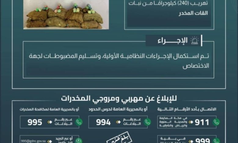 نجاح حرس الحدود بجازان في إحباط تهريب 240 كيلوجرامًا من نبات القات