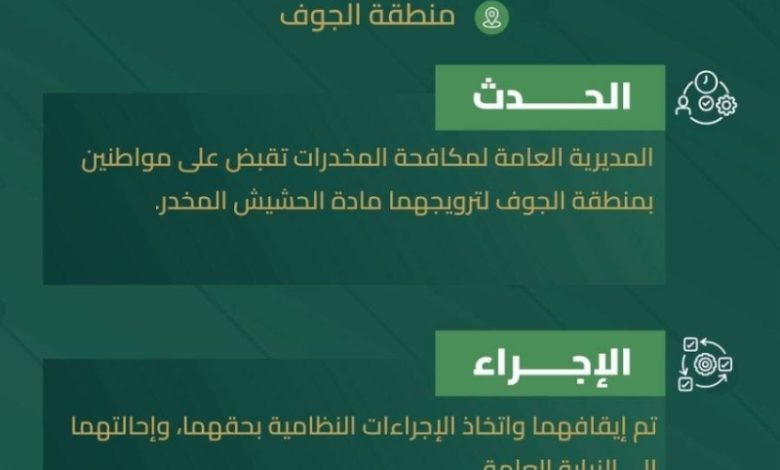 نجاح حملة مكافحة المخدرات: القبض على شخصين بالجوف بتهمة ترويج الحشيش