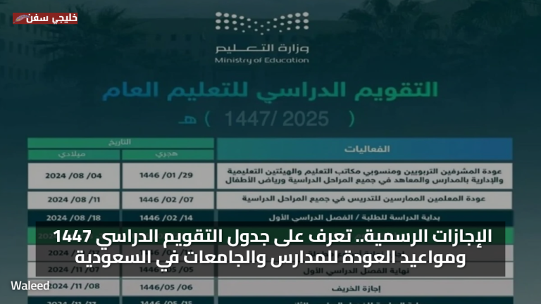 الإجازات الرسمية.. تعرف على جدول التقويم الدراسي 1447 ومواعيد العودة للمدارس والجامعات في السعودية