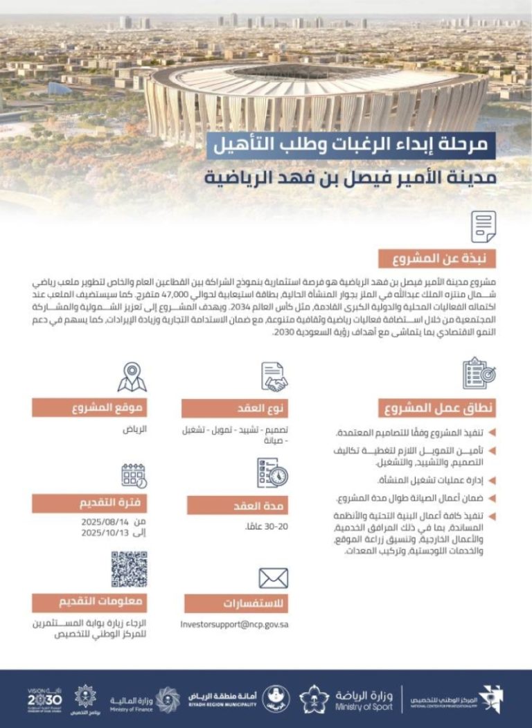 إطلاق مرحلة تقديم الطلبات وإبداء الرغبة لمشروع مدينة الأمير فيصل بن فهد الرياضية